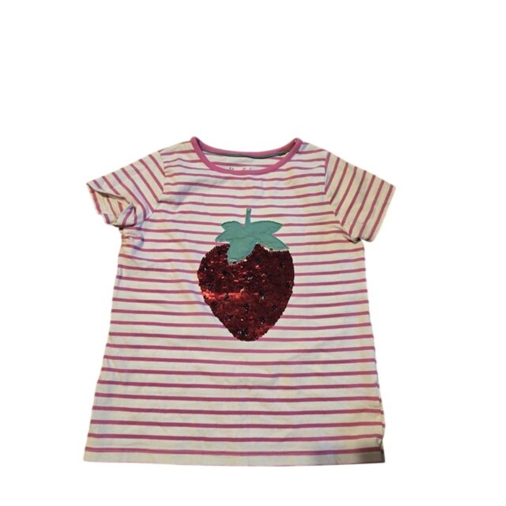 Mini Boden Girls Pink White Striped Reverse Sequin Strawberry T-Shirt Size 9-10Y
